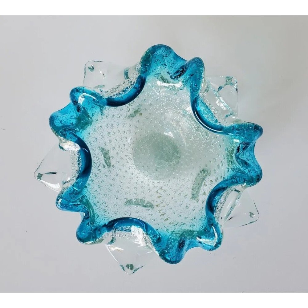 Vintage Murano Bullicante Controlled Bubble Blue Silver Art Glass Ashtray Bowl